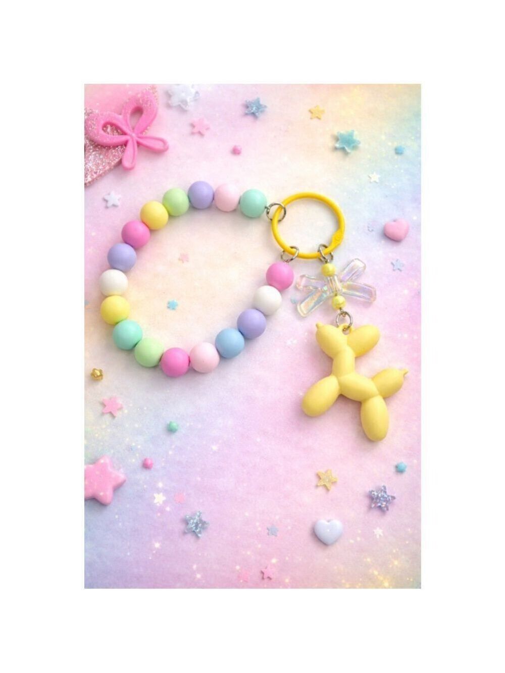 Colorful Beaded Wristlet Keychain w/ Balloon Dog Charm Cute Pastel Bracelet